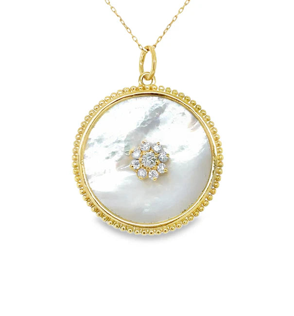 14KT YELLOW GOLD MOTHER OF PEARL FLOWER PENDANT WITH DIAMONDS