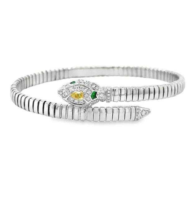 18KT WHITE GOLD EMERALD AND DIAMONDS AND YELLOW DIAMOND SNAKE BANGLE