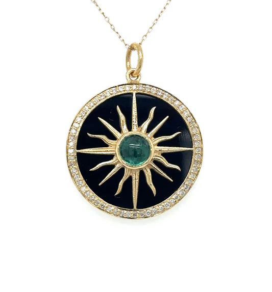 14KT YELLOW GOLD BLACK ONYX PENDANT WITH EMERALD AND DIAMONDS