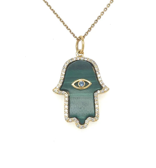 14KT YELLOW GOLD MALACHITE HAMSA PENDANT WITH DIAMONDS