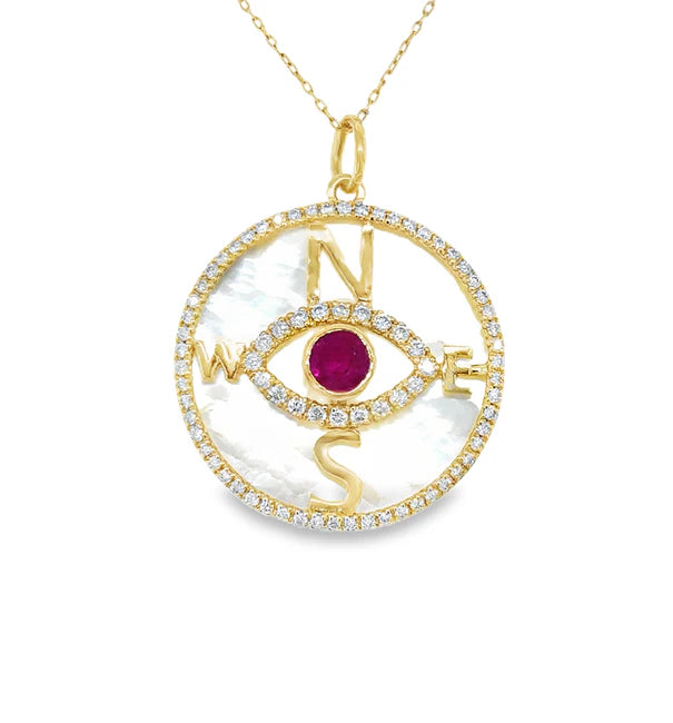 14KT YELLOW GOLD MOTHER OF PEARL AND RUBY EVIL EYE COMPASS PENDANT WITH DIAMONDS