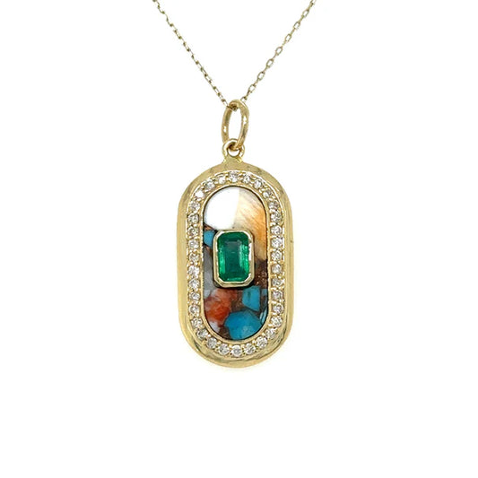 14KT YELLOW GOLD OYSTER PENDANT WITH EMERALD AND DIAMONDS