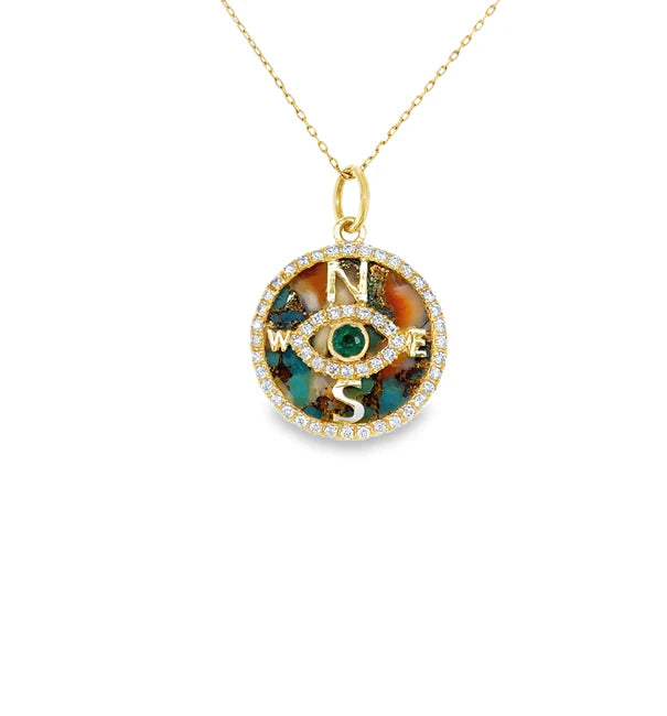 14KT YELLOW GOLD OYSTER TURQUOISE AND EMERALD EVIL EYE COMPASS PENDANT WITH DIAMONDS