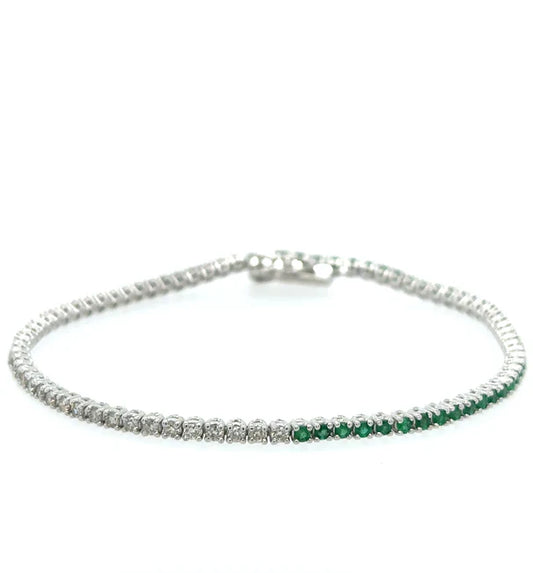 14KT WHITE GOLD DIAMONDS AND EMERALD TENNIS BRACELET