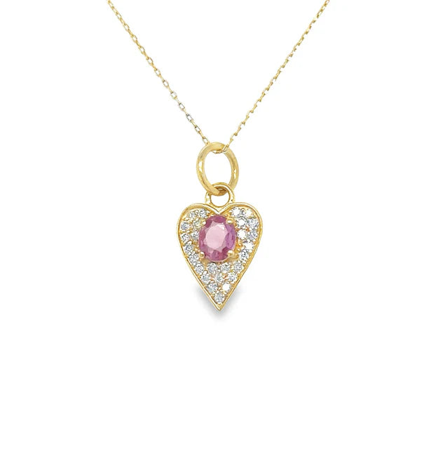 14KT YELLOW GOLD HEART PENDANT WITH PINK SAPPHIRE AND DIAMONDS