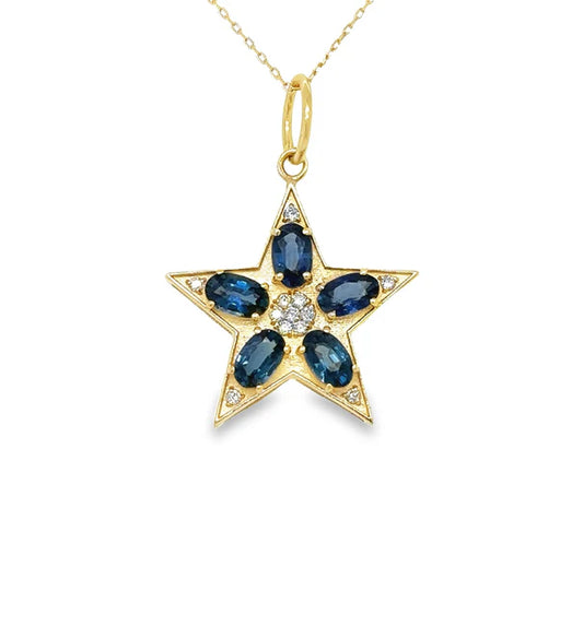 14KT YELLOW GOLD STAR PENDANT WITH SAPPHIRE AND DIAMONDS