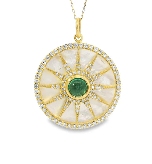 14KT YELLOW GOLD MOTHER OF PEARL PENDANT WITH EMERALD AND DIAMONDS