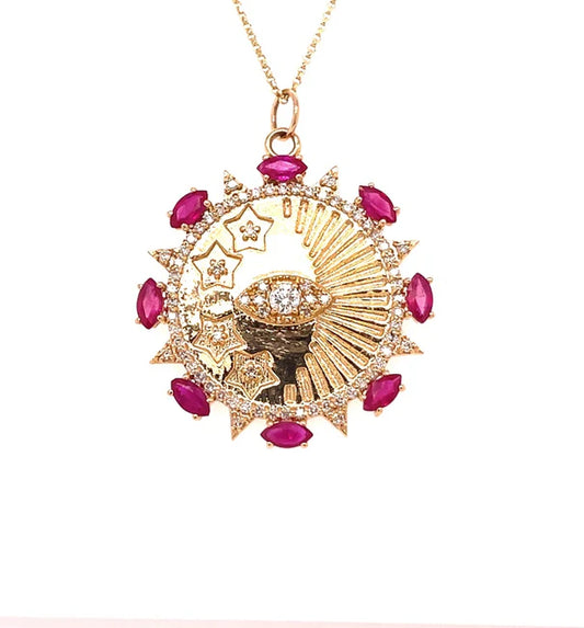 14KT GOLD DIAMONDS/ RUBY WITH EVIL EYE ROUND PENDANT