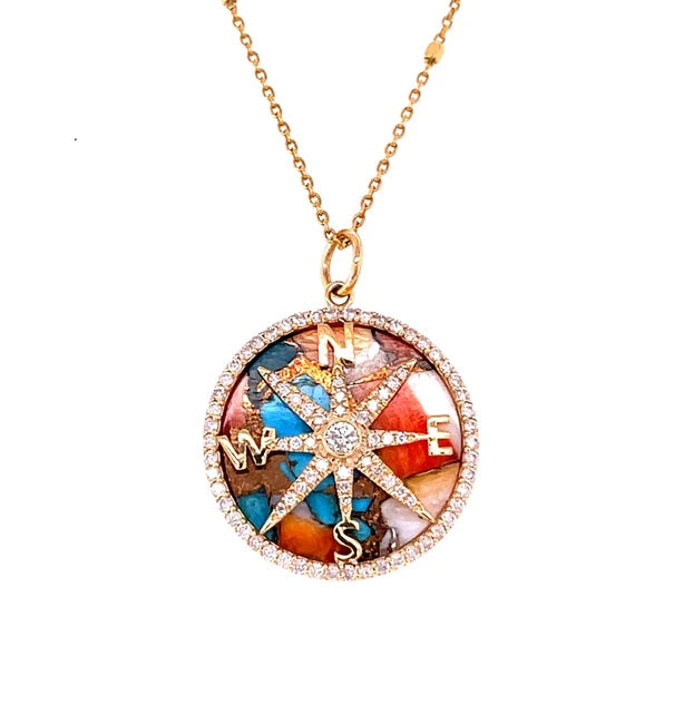 14KT YELLOW GOLD OYSTER TURQUOISE AND DIAMONDS COMPASS PENDANT