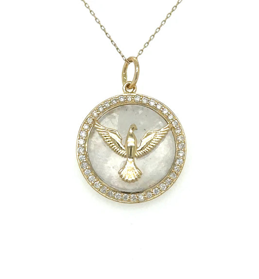 14KT YELLOW GOLD RAINBOW MOON STONE BIRD PENDANT WITH DIAMONDS