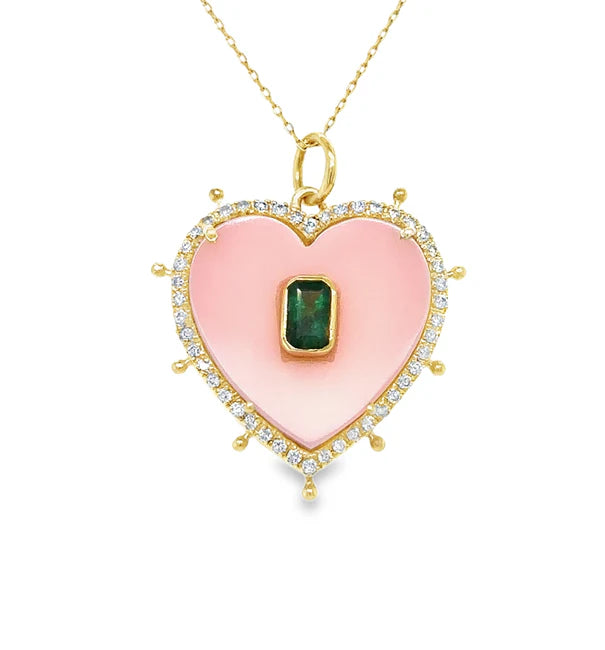 14KT YELLOW GOLD PINK OPAL HEART PENDANT WITH EMERALD AND DIAMONDS