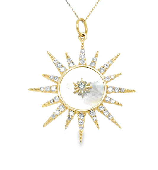14KT YELLOW GOLD MOTHER OF PEARL STARBURST PENDANT WITH DIAMONDS