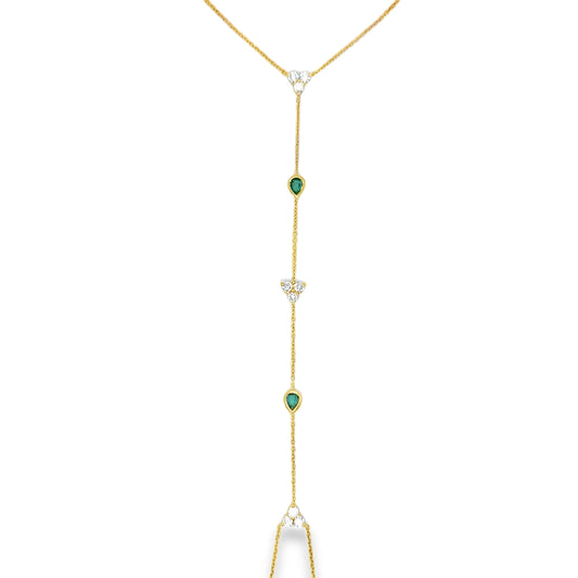 14KT YELLOW GOLD DIAMONDS AND EMERALD HAND CHAIN