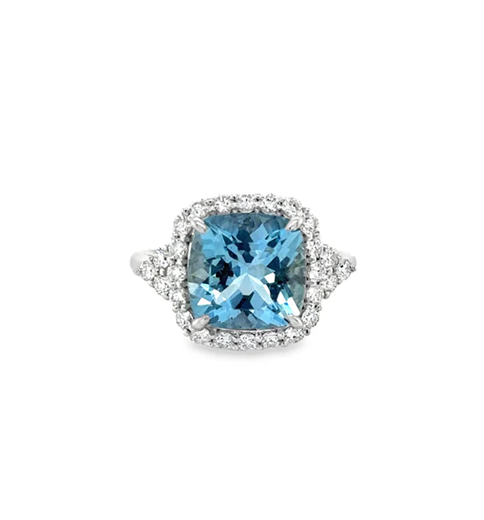 14KT WHITE GOLD AQUAMARINE AND DIAMONDS RING