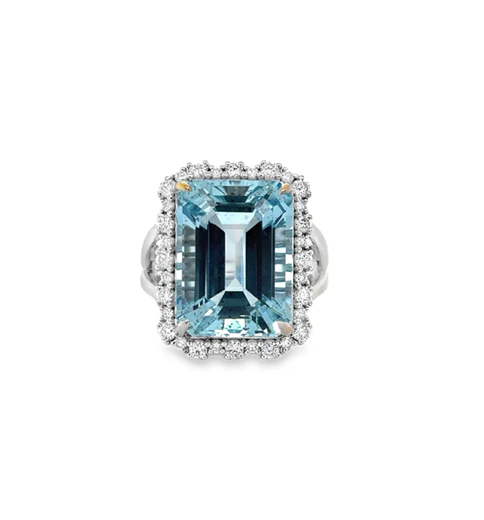 14KT WHITE GOLD AQUAMARINE AND DIAMONDS RING