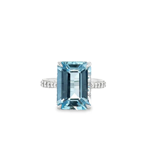 14KT WHITE GOLD AQUAMARINE AND DIAMONDS RING