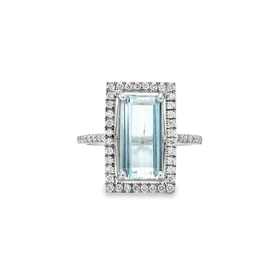 14KT WHITE GOLD AQUAMARINE AND DIAMONDS RING