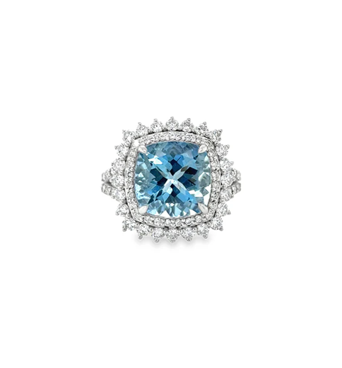 14KT WHITE GOLD AQUAMARINE AND DIAMONDS RING