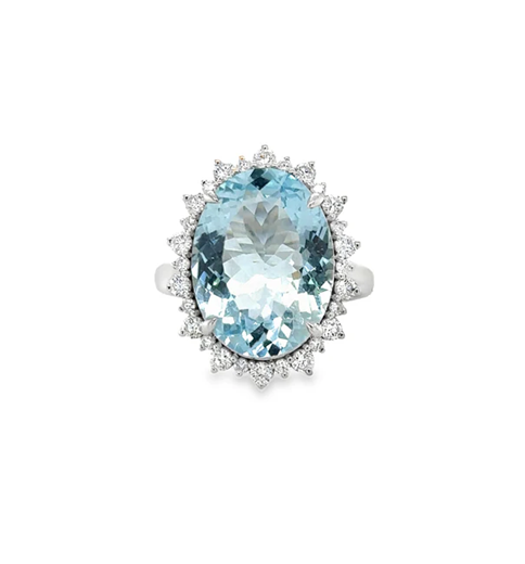 14KT WHITE GOLD AQUAMARINE AND DIAMONDS RING