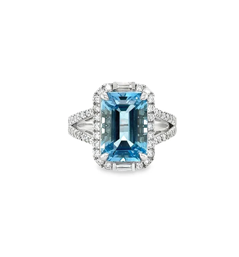 14KT WHITE GOLD AQUAMARINE AND DIAMONDS RING