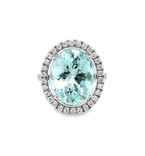 14KT WHITE GOLD AQUAMARINE AND DIAMONDS RING