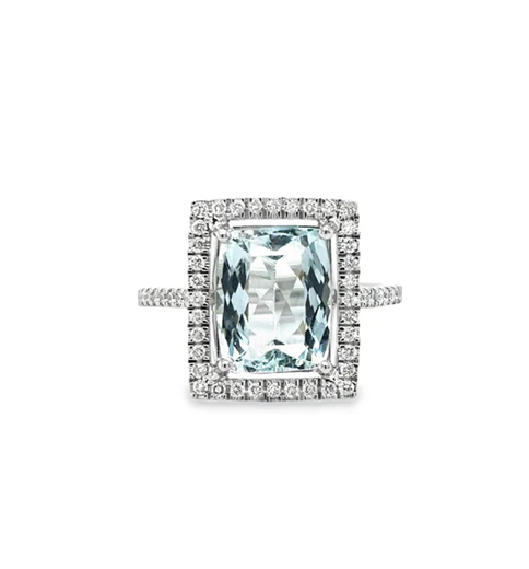 14KT WHITE GOLD AQUAMARINE AND DIAMONDS RING