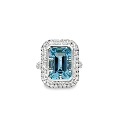 14KT WHITE GOLD AQUAMARINE AND DIAMONDS RING