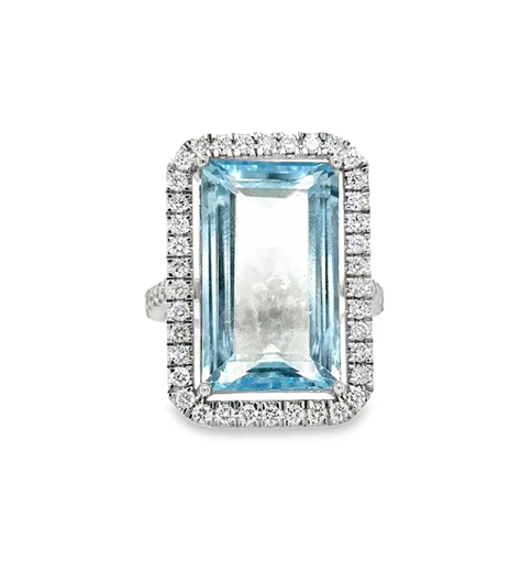 14KT WHITE GOLD AQUAMARINE AND DIAMONDS RING