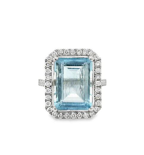 14KT WHITE GOLD AQUAMARINE AND DIAMONDS RING
