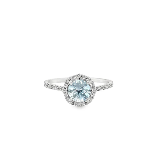 14KT WHITE GOLD AQUAMARINE AND DIAMONDS RING