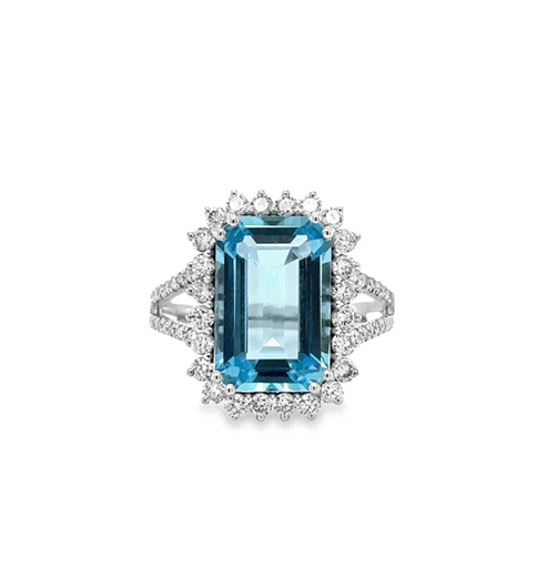 14KT WHITE GOLD AQUAMARINE AND DIAMONDS RING