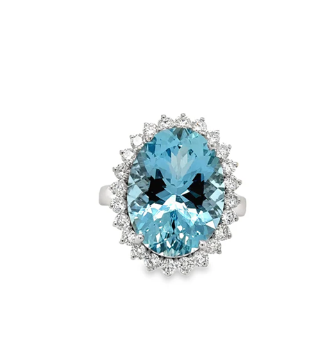 14KT WHITE GOLD AQUAMARINE AND DIAMONDS RING