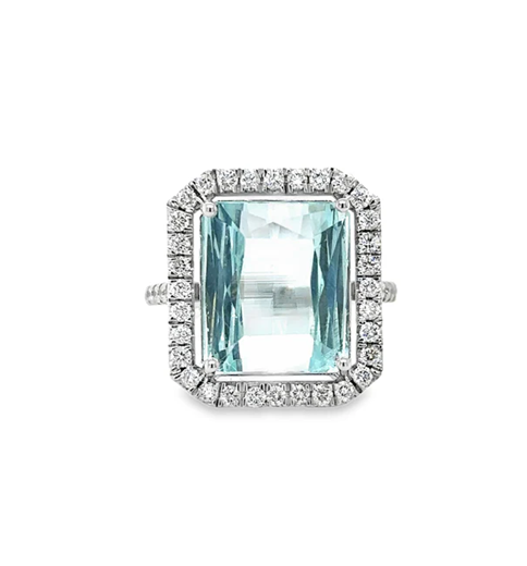 14KT WHITE GOLD AQUAMARINE AND DIAMONDS RING