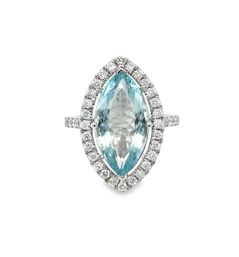 14KT WHITE GOLD AQUAMARINE AND DIAMONDS RING