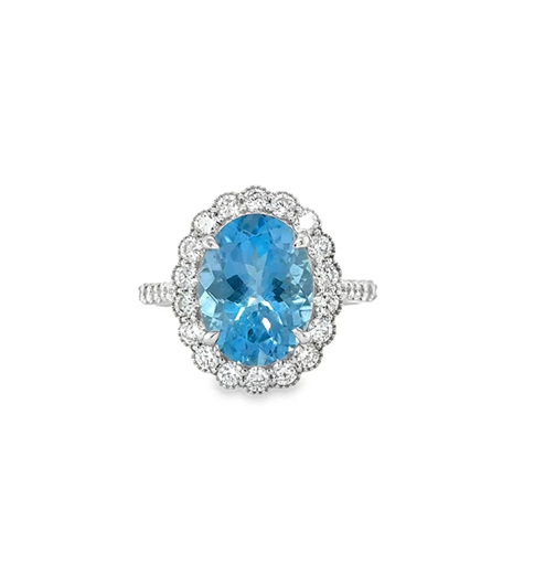 14KT WHITE GOLD AQUAMARINE AND DIAMONDS RING