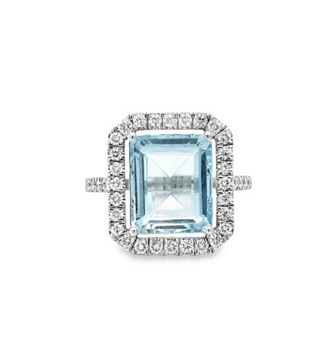 14KT WHITE GOLD AQUAMARINE AND DIAMONDS RING