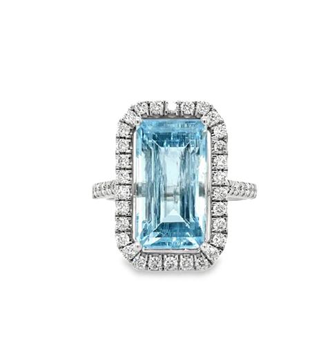 14KT WHITE GOLD AQUAMARINE AND DIAMONDS RING