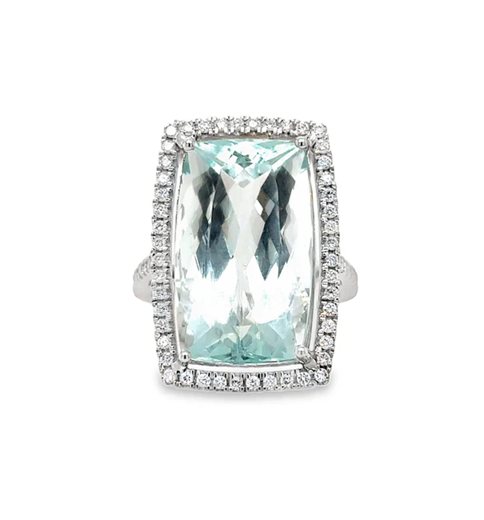 14KT WHITE GOLD AQUAMARINE AND DIAMONDS RING