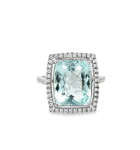 14KT WHITE GOLD AQUAMARINE AND DIAMONDS RING