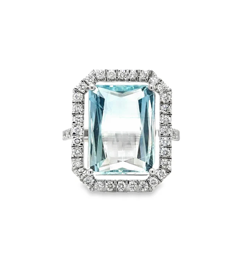 14KT WHITE GOLD AQUAMARINE AND DIAMONDS RING