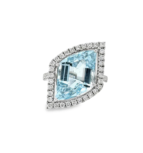 14KT WHITE GOLD AQUAMARINE AND DIAMONDS RING