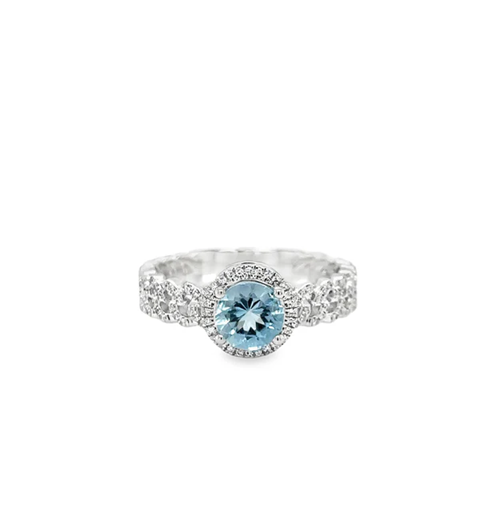 14KT WHITE GOLD AQUAMARINE AND DIAMONDS RING
