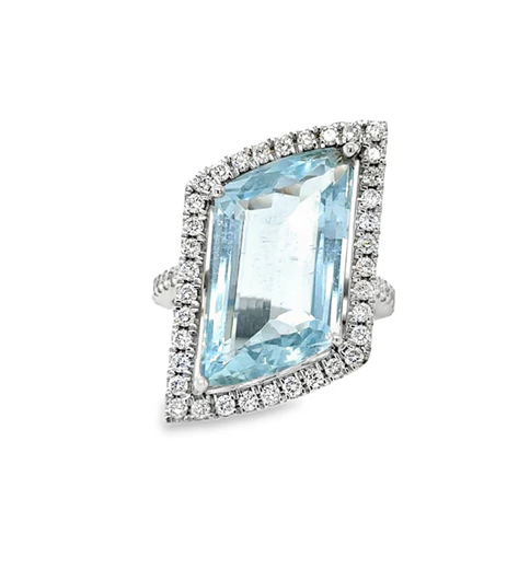 14KT WHITE GOLD AQUAMARINE AND DIAMONDS RING