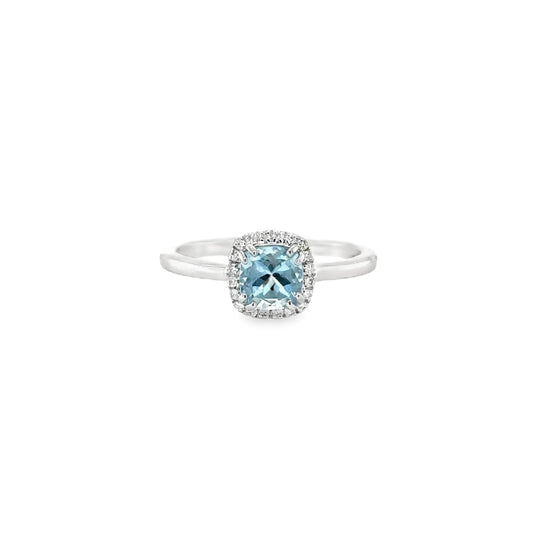 14KT WHITE GOLD AQUAMARINE RING WITH DIAMONDS