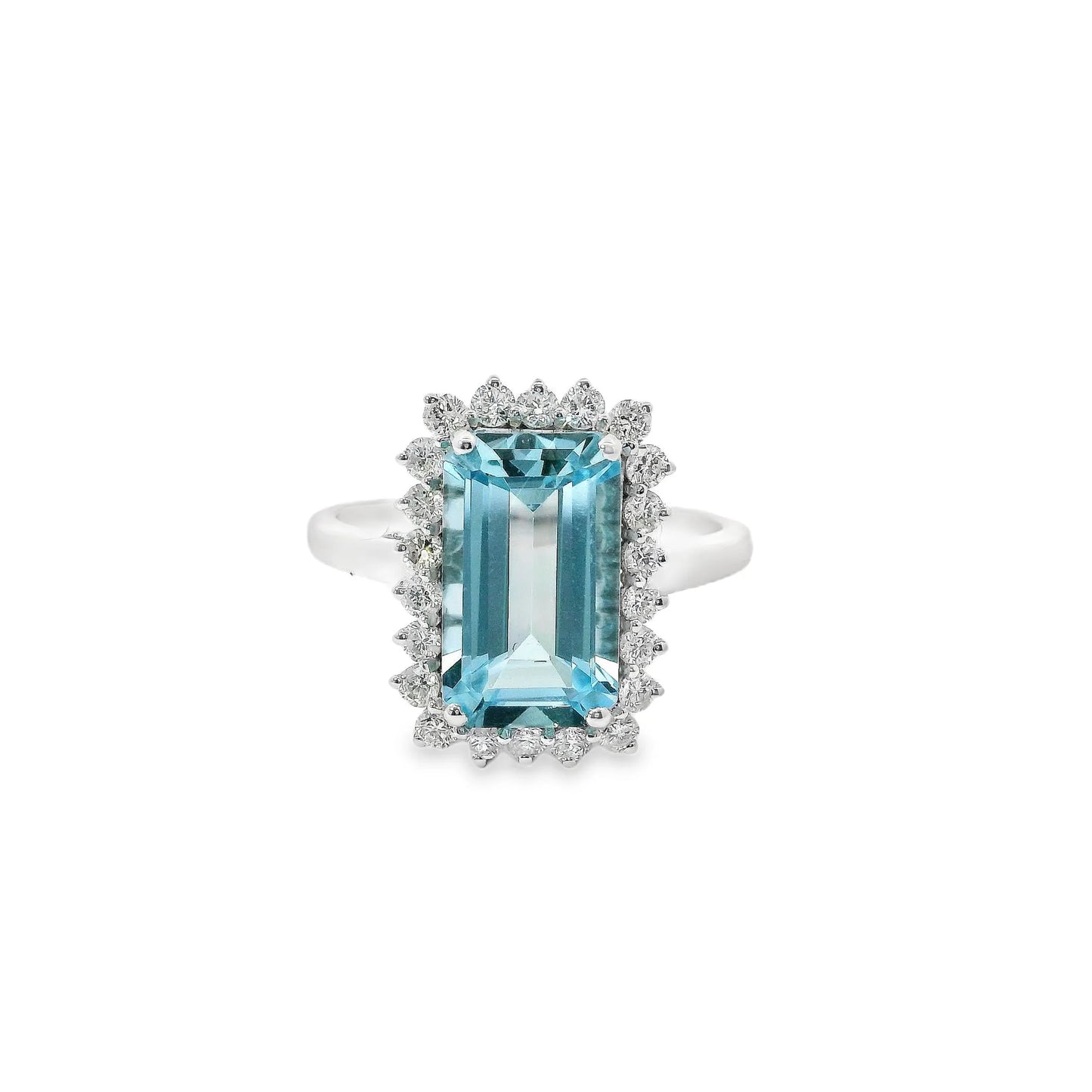 14KT WHITE GOLD AQUAMARINE RING WITH DIAMONDS
