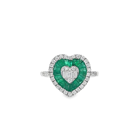 14KT WHITE GOLD EMERALD AND DIAMONDS HEART RING