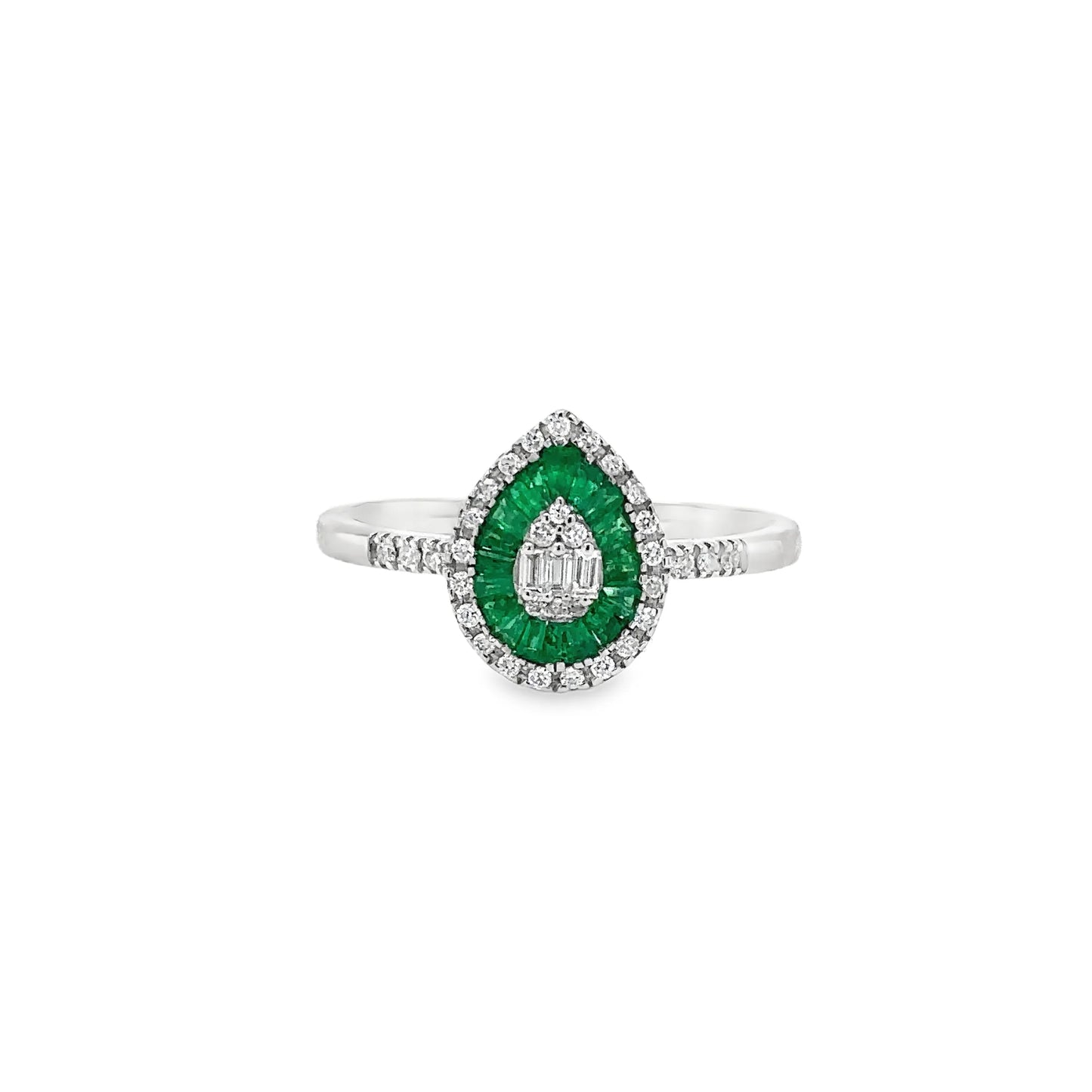 14KT WHITE GOLD EMERALD AND DIAMONDS PEAR SHAPE RING