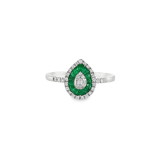 14KT WHITE GOLD EMERALD AND DIAMONDS PEAR SHAPE RING