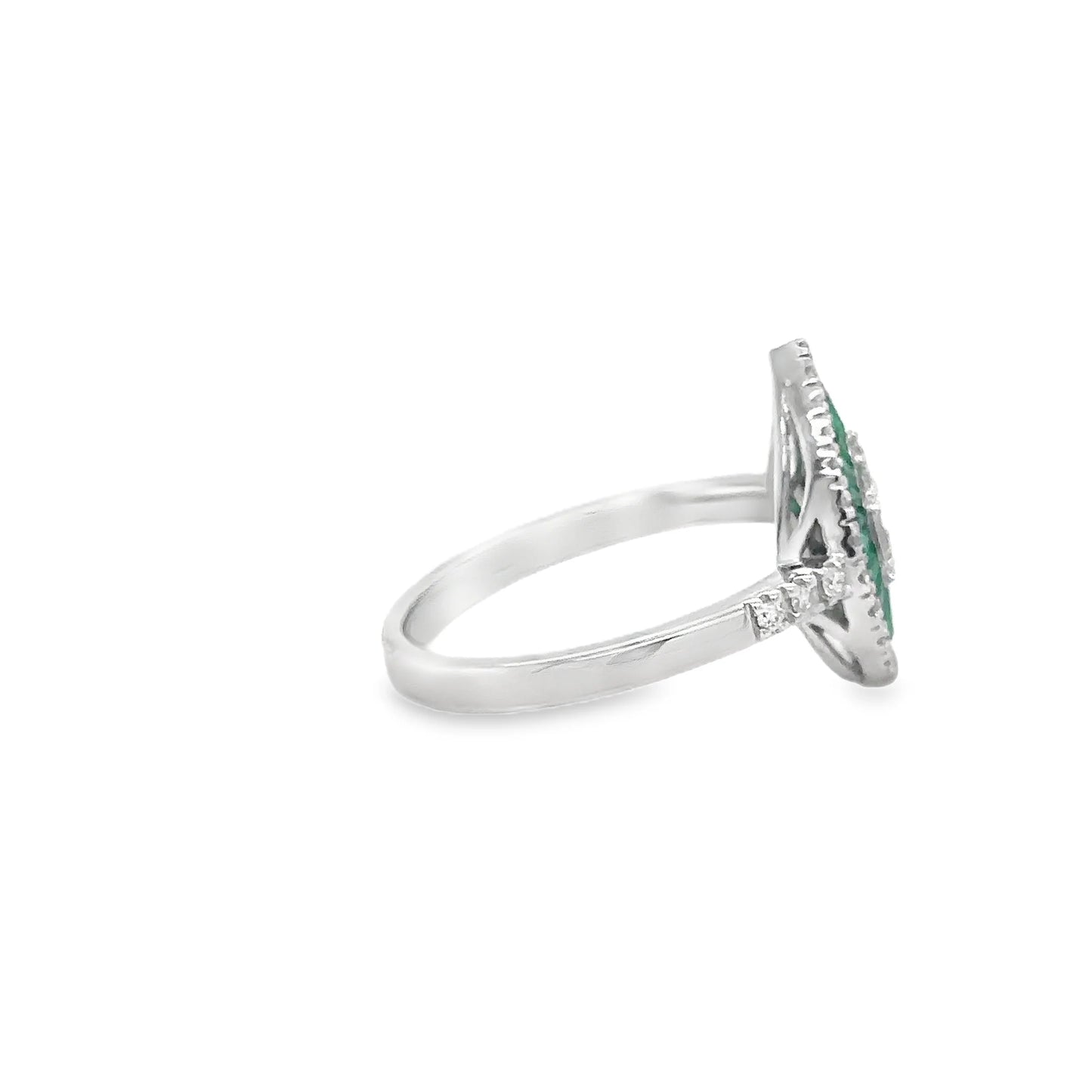 14KT WHITE GOLD EMERALD AND DIAMONDS PEAR SHAPE RING