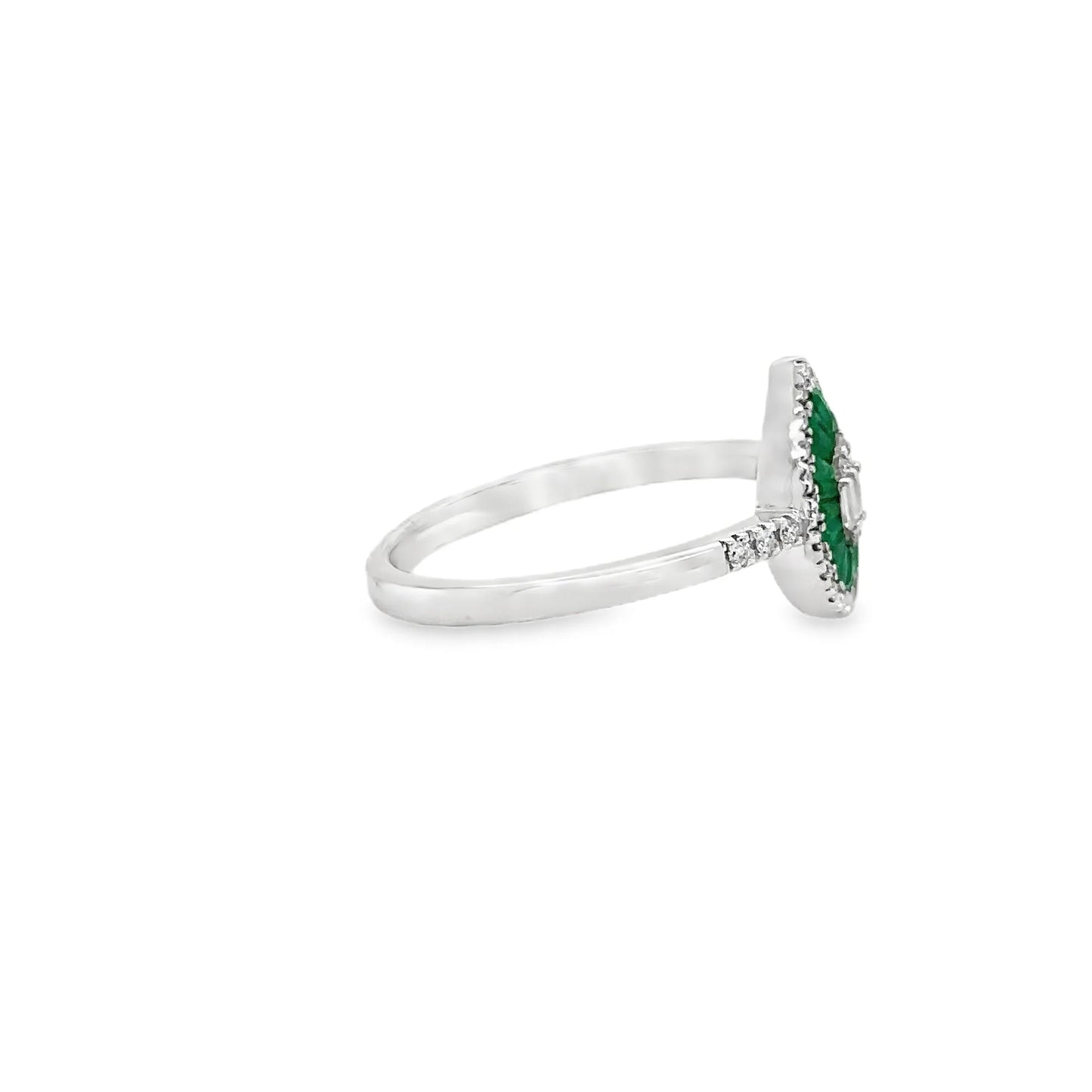 14KT WHITE GOLD EMERALD AND DIAMONDS PEAR SHAPE RING